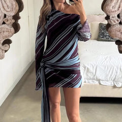 LIZAKOSHT - Women's Casual Long Sleeve Mini Dress New Autumn Retro Striped Print Asymmetrical Dress Fashion Slant Neck Tie Up Holiday Dress
