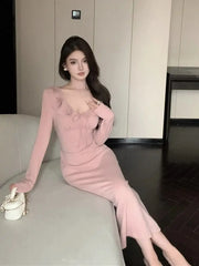 LIZAKOSHT - V-neck Lotus Leaf Dress Women's Strappy Waist Long-sleeved Gentle Style A-line Long Skirt