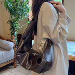 LIZAKOSHT - Large PU Leather Hobo Bags Women Solid Black Shoulder Bags Lazy Style Simple Crossbody Bags Sliver Shiny Packages New