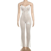 LIZAKOSHT - Knitted Halter High Elasticity See Through Halter Backless Solid Color Floral Appliques Club Street Low Cut Jumpsuit for Women