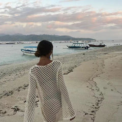 LIZAKOSHT - Seaside Hollow Out One Piece Vacation Covers Summer Solid knitted Fish Mesh Pullover Tops 2025 Long Sleeve White Full Dresses