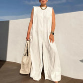 LIZAKOSHT - Fashion Sleeveless O Neck Wide Leg Playsuit Elegant Loose Rompers Para Mujer 2025 New Spring Summer Casual Solid Color Jumpsuits
