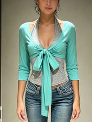 LIZAKOSHT - Eueamerican High Street Summer Patchwork Halter Fake Two Piece Y2k Constrast Color Lace Up Short Cardigan Casual Punk Tops
