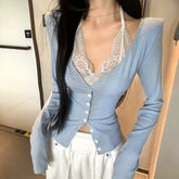 LIZAKOSHT - Summer New Lace Neck Hanging V-neck Base Shirt Sexy Long Sleeved T-shirt for Spicy Women Neck Hanging Slim Fit Top