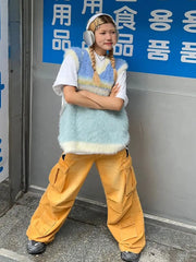 LIZAKOSHT  -  American Mint Style Contrasting Color V-neck Knitted Vest for Women Autumn and Winter New Mink Fur Loose Sleeveless Sweater