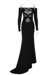LIZAKOSHT - Women Elegant Sexy Mermaid Maxi Evening Party Dress Off Shoulder Full Sleeve Backless Asymmetrical Birthday Long Robe Vestidos