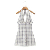 LIZAKOSHT - Sexy Front Open Buttons Plaid Spliced Lace Tie Bow Halter V Collar Mini Dress Women No Back Backless A-line Short Dresses Robe