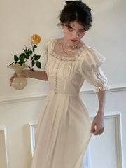 LIZAKOSHT - Women Squre Collar Lace Patchwork Summer Dress Female Puff Sleeve High Waist Solid Princess Dress Fahsion Party Dress