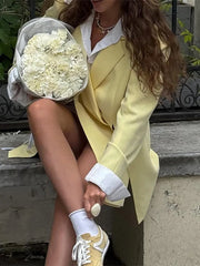 LIZAKOSHT  -  Solid Patchwork Women 's Blazer Coat Lapel Full Sleeve Double Breasted Shoulder Pad Jacket Female Summer Lady Commute Streetwear