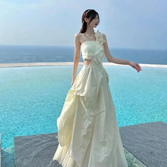 LIZAKOSHT - Long Skirt Tube Top Hollow Asymmetrical Fairy Elegant Cool Pleated Waist 2024 Summer New Mermaid Dress Skirt Holiday Skirt