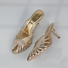 LIZAKOSHT - Summer Hollowed Out High Heels Mules Shoes for Women Luxury Golden Cross Woven Design Formal Party Brand Ladies Modern Sandals