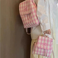 LIZAKOSHT - Korean Preppy Sweet Plaid Girls Backpack Y2k Aesthetic Bow Casual Kawaii Schoolbags Women Students All Match Fashion Backpacks