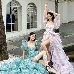 LIZAKOSHT - Pink Princess Dress Women Elegant Square Collar Puff Sleeve Mesh Party Dress High Waist Birthday Party Dress Fashion Prom Dress