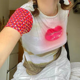 LIZAKOSHT - Subcultural Fashion Printed Round Neck Short Sleeved Top 2024 Summer New Spicy Girl Slim Fit Show Navel T-shirt Trendy