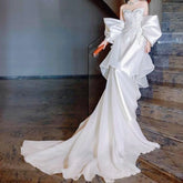 LIZAKOSHT - Strapless Light Wedding Dress A Line Court Train Appliques Satin White Dress Bridal Gown with Bow for Elopement Photoshoot