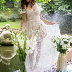 LIZAKOSHT - French Style Lace Solid Color Evening Dress Summer New Slash Collar Garden Party Dress Elegant High Waist Pleated Banquet Dress