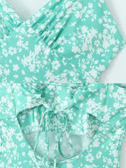 LIZAKOSHT Lace Up Backless Midi Summer Women Dress Spaghetti Strap V Neck Boho Beach Floral New Dress 2024 Vintage French Dress