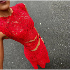 LIZAKOSHT - Sexy Hallow Out Vest Skirt Set Women Red Sleeveless O-neck Top Long Slim Hip Package Skirts 2025 Summer See Through Suit Lady