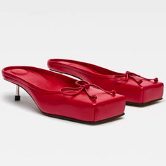 LIZAKOSHT - Designer Mule Pumps Women Slippers Bow Square Toe Party Dress Shoes Women Red Elegant Sexy Luxury High Heels Sandals Women