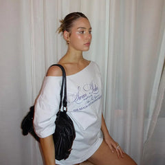 LIZAKOSHT - Letter Print Graphic T Shirts White Oversized One Shoulder Tops Womens Summer Fashion Clothing Trends 2025