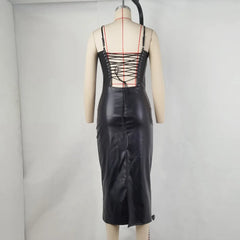 LIZAKOSHT - Solid Color Women Clothing Summer Fashion PU Sexy Open Back Lace-Up High Waist Wrap Hip Split Spaghetti Strap Dress