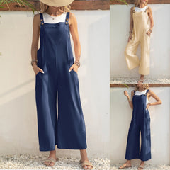LIZAKOSHT - Summer New High Waist Women's Jumpsuit Vintage Loose Sleeveless Long Strap Pants Casual Wide Leg Pant Sets Street Woman Clothes