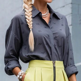 LIZAKOSHT - Elegant Striped Print Commuter Shirt Women's Fashion Lapel Long Sleeve Loose Cardigan Tops 2025 Casual Button Commuter Blouses