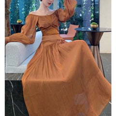 LIZAKOSHT - 2026 French Style Glossy Lantern Sleeves Kinked Butterfly One-word Shoulder Dress Pendant Long Dress
