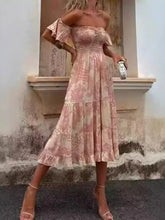 LIZAKOSHT - Summer Fashion Women's Elegant Dress Color Blocked Print Off Shoulder Strapless Sexy Lotus Leaf Sleeve Vacation Long Dress