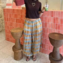 LIZAKOSHT - Y2K Vintage Plaid Printed Loose Pants Women Boho Ramie Bloomers Female Fashion Versatile Drawstring Streetwear Casual Trousers
