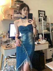 LIZAKOSHT - Sexy Party Birthday Dress for Women Sleeveless Strapless Irregularity Patchwork Summer Denim Midi Long Dresses Clubwear