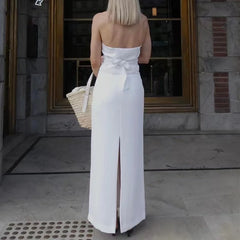 LIZAKOSHT - Halter Tank Top Skirt Set Women 2 Piece Single Breasted Backless Bandage Vest Split Long Skirt Matching Sets Lady Outfit