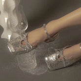 LIZAKOSHT - Ladies Shoes Square Heels Summer Crystal Footwear Closed Sandals for Women Bow Silver Free Shipping and Low Price Designer