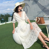 LIZAKOSHT - White Beach Dr Women's Summer New Orange Bellflower A-Line Midi Dr Sweet V-Ne ort Sve