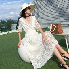 LIZAKOSHT - White Beach Dr Women's Summer New Orange Bellflower A-Line Midi Dr Sweet V-Ne ort Sve