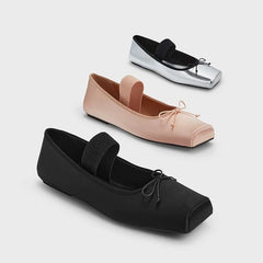 LIZAKOSHT - sweet pink silk flat shoes woman square toe bowtie ballet flats silver leather mary janes shoes elastic band moccasions women