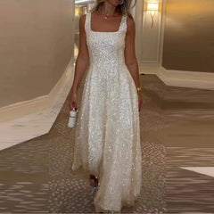 LIZAKOSHT - Fashion Temperament Sleeveless Evening Dresses Elegant Party High Waisted Pleated Dress Shiny Sequins Mesh Halter Long Dresses