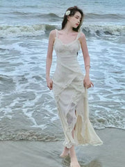 Lizakosht Elegant Irregular Ruffles Sleeveless Long Dress Women Summe Spaghetti Strap Vocation Beach Style Female Summer Vestidos Clothes