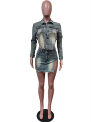 LIZAKOSHT - Summer Blue Long Sleeve Denim 2 Two Piece Short Skirt Set Sexy Party For Women Elegant Crop Bodycon Mini Skirt Set