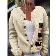 LIZAKOSHT - Women's Beige Sweater Long Sleeve Loose Kawaii Black Cat Knitwear Cardigan Female Casual Cozy Soft Coat Daily wear