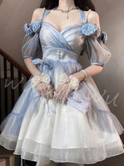 LIZAKOSHT - Elegant Gradient Blue Three-Dimensional Rose Lolita Dress Flower Wedding Birthday