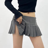 LIZAKOSHT - Vintage Y2k Striped Pleated Skirt Women Sexy Preppy Style Low Waist Button Slim A-line Micro Mini Skirt Streetwear