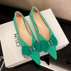 LIZAKOSHT - Women Luxury Party Green Pink Flats Shoes Female Sexy Pointed Toe Shallow Flats Lady Fashion Sequin Butterfly Knots Shoes