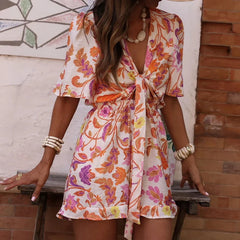 LIZAKOSHT - Daily street wear printed elastic waist design women's dress V-neck pullover short sleeved lace up beach leisure vacation dress