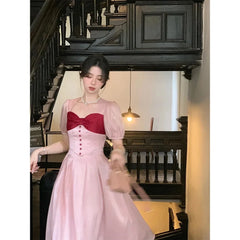 LIZAKOSHT  -  Vintage Elegant Princess Style Dresses Women Square Collar Puff Sleeve Evening Party Bow Dresses Korea Sweet One-Piece Dress New