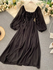 Lizakosht Elegant Square Collar Maxi Dress Women Solid Chiffon Puff Long Sleeve Elasticized Waist Korean Fashion Vintage Ruffle Vestidos