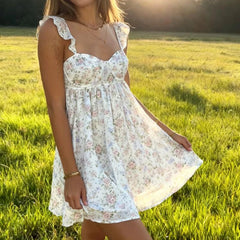 LIZAKOSHT - Women Cute Babydoll Mini Dress Boho Beach Ruffle Strap Maternity Dresses Fairycore Y2K Teens Flowy Short Sundress