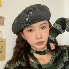 Lizakosht Japanese Retro Flower Patch Beret Spring and Summer Travel Sunscreen Versatile Model Thin Cute Painter Caps Woman's Berets