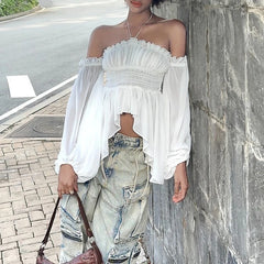 LIZAKOSHT - Off Shoulder Ruffles Sexy Lantern Long Sleeve Halter Backless Fashion All-match Crop Tops Y2K Summer Streetwear Blouses