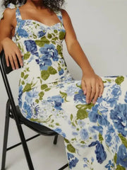 LIZAKOSHT - Women Tide Bow Strap Midi Dress Corset Style A line Sleeveless Beach Holiday Robe Retro French Style White Blue Flower Print